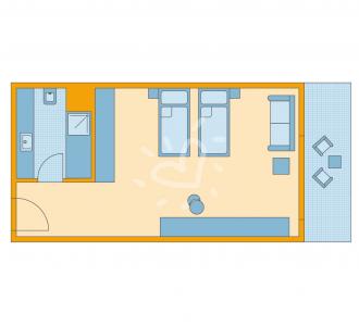 Zimmerskizze Doppelzimmer mit Balkon Dusche Einzelbetten