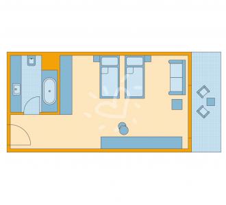 Zimmerskizze Doppelzimmer mit Balkon Wanne Einzelbetten